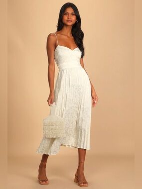 Lulus Regal Romance Ivory Floral Jacquard Pleated Satin Midi Dress White
